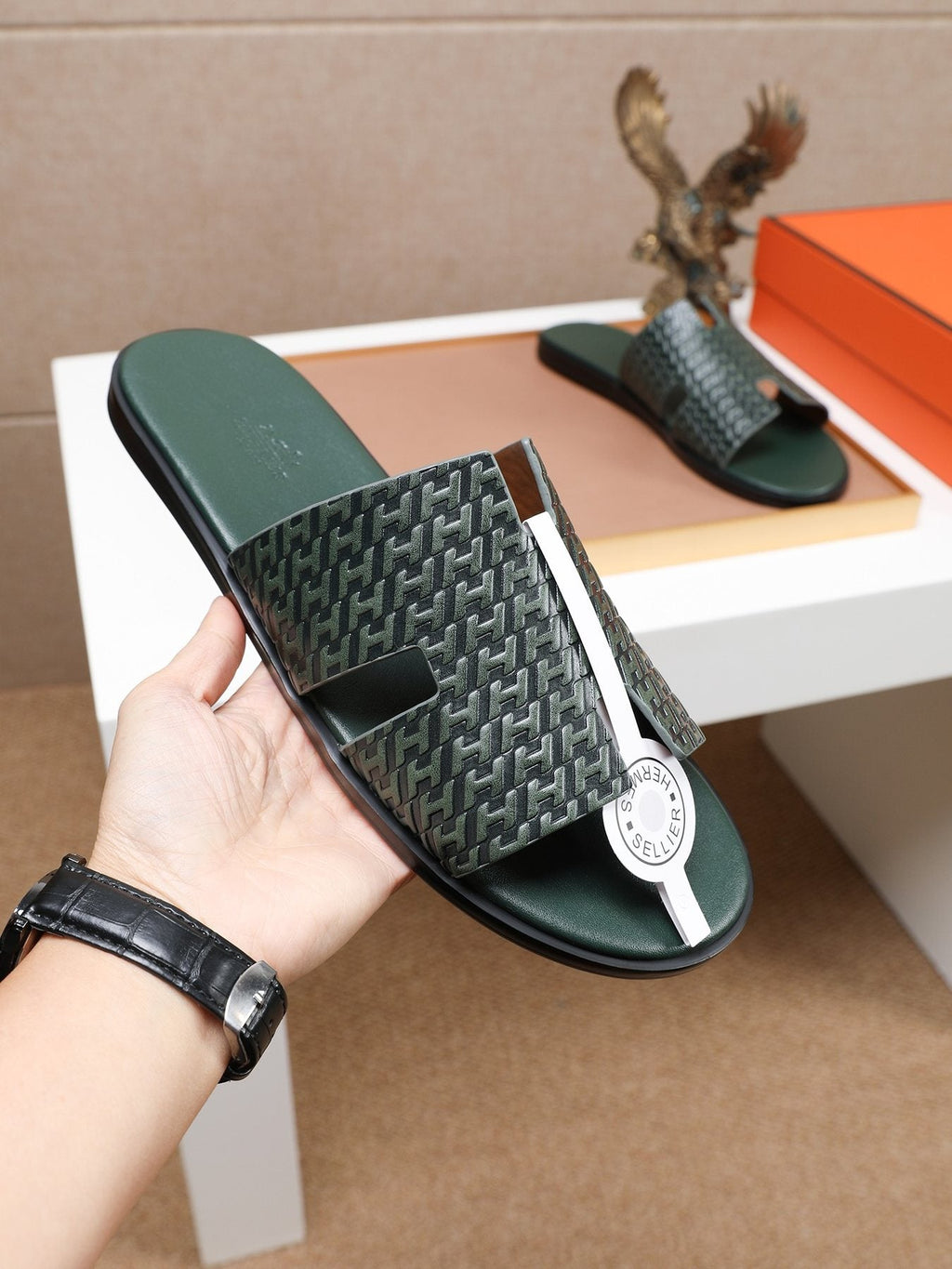 Hermès Textured H Slide Sandals — model