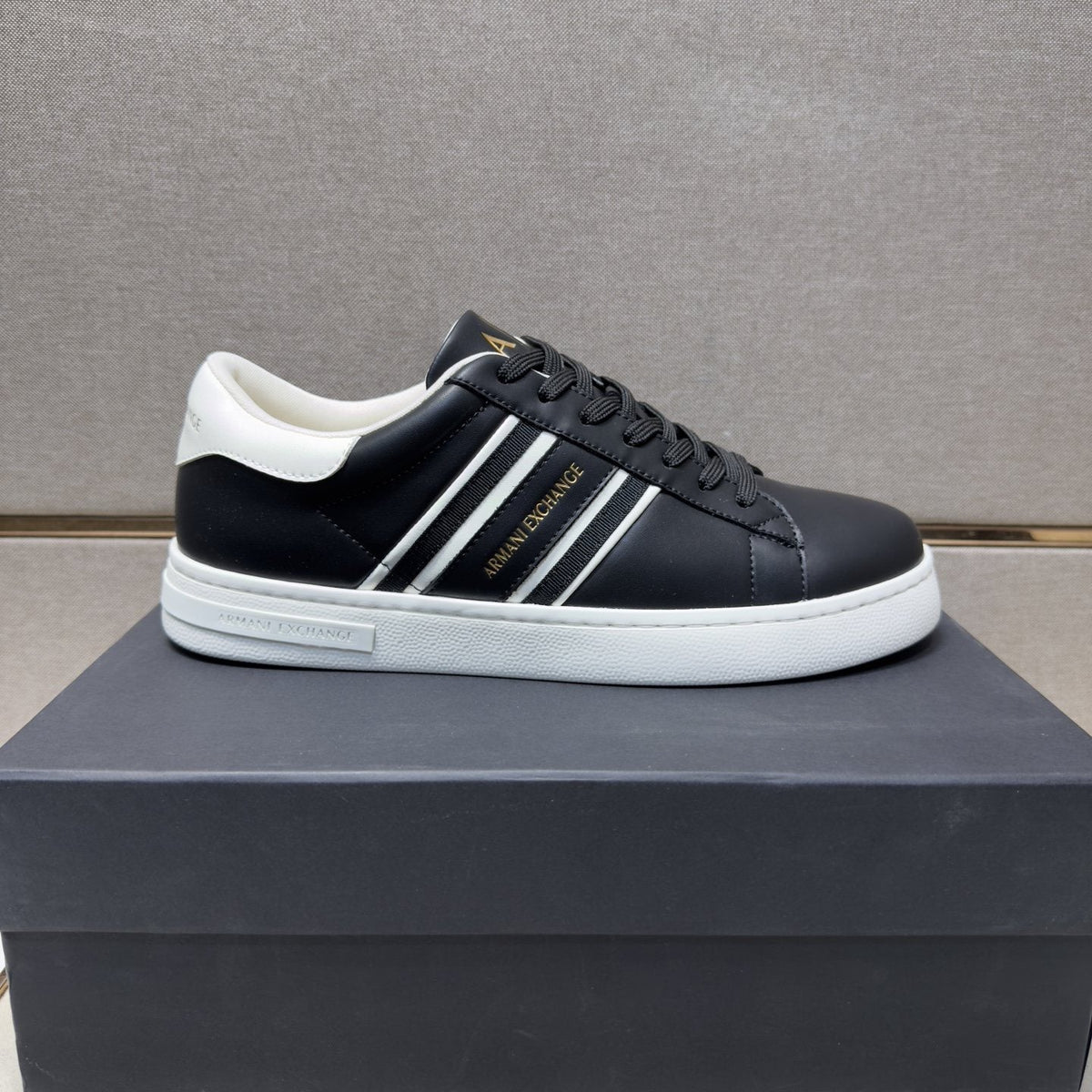 Armani Navy and White Stripe Sneakers — front